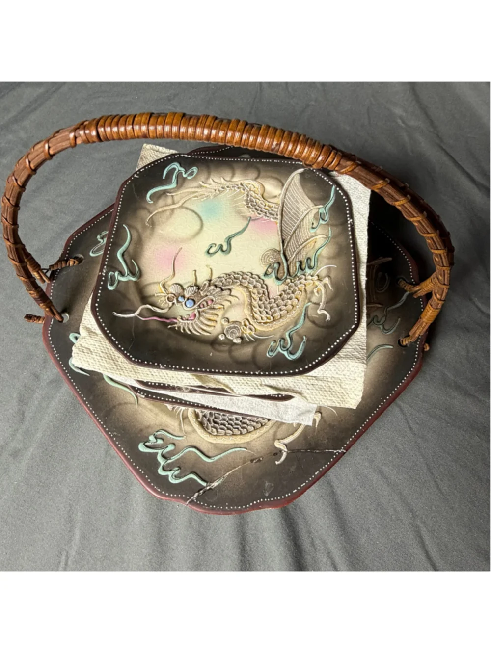 Japanese Moriage Dragonware Plate Set Basket 7 Pc Vintage Retro Serving Dishes